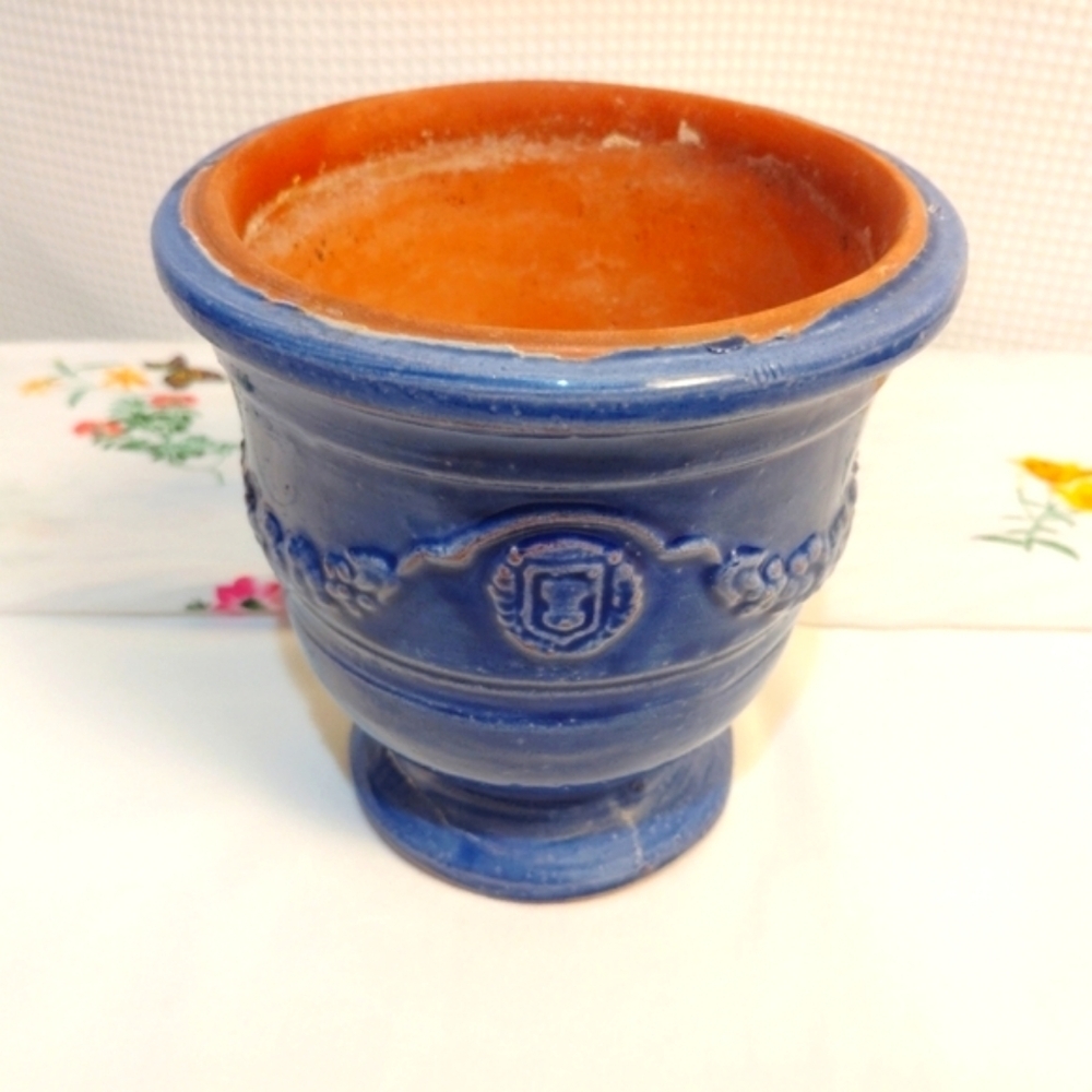 Antique Ampholia Anduze France Planter Urn Cobalt Blue 7" - Picture 10 of 11